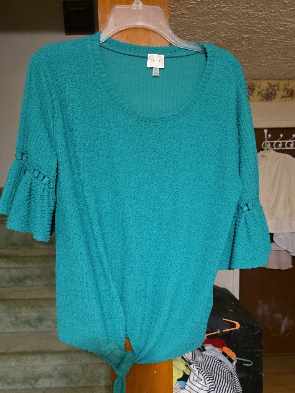 Cupio Teal Knot-Front Textured Knit Top with Bell Sleeves